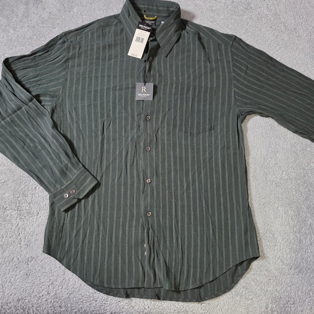 Reunion Mens Medium Button Front Shirt Olive Green Pinstripe Long Sleeve 74R4593